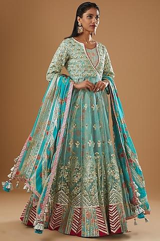 blue embroidered anarkali set