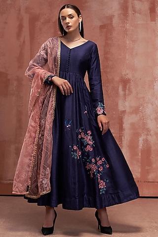 blue embroidered anarkali set