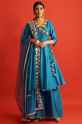 blue embroidered angrakha kurta set