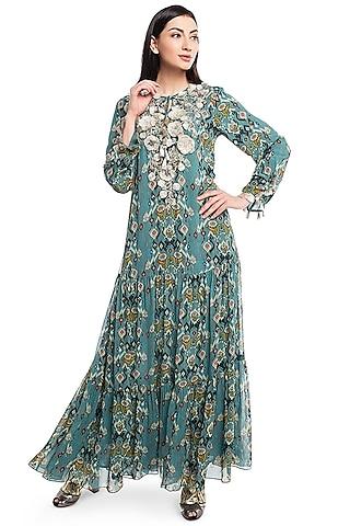 blue embroidered boho dress