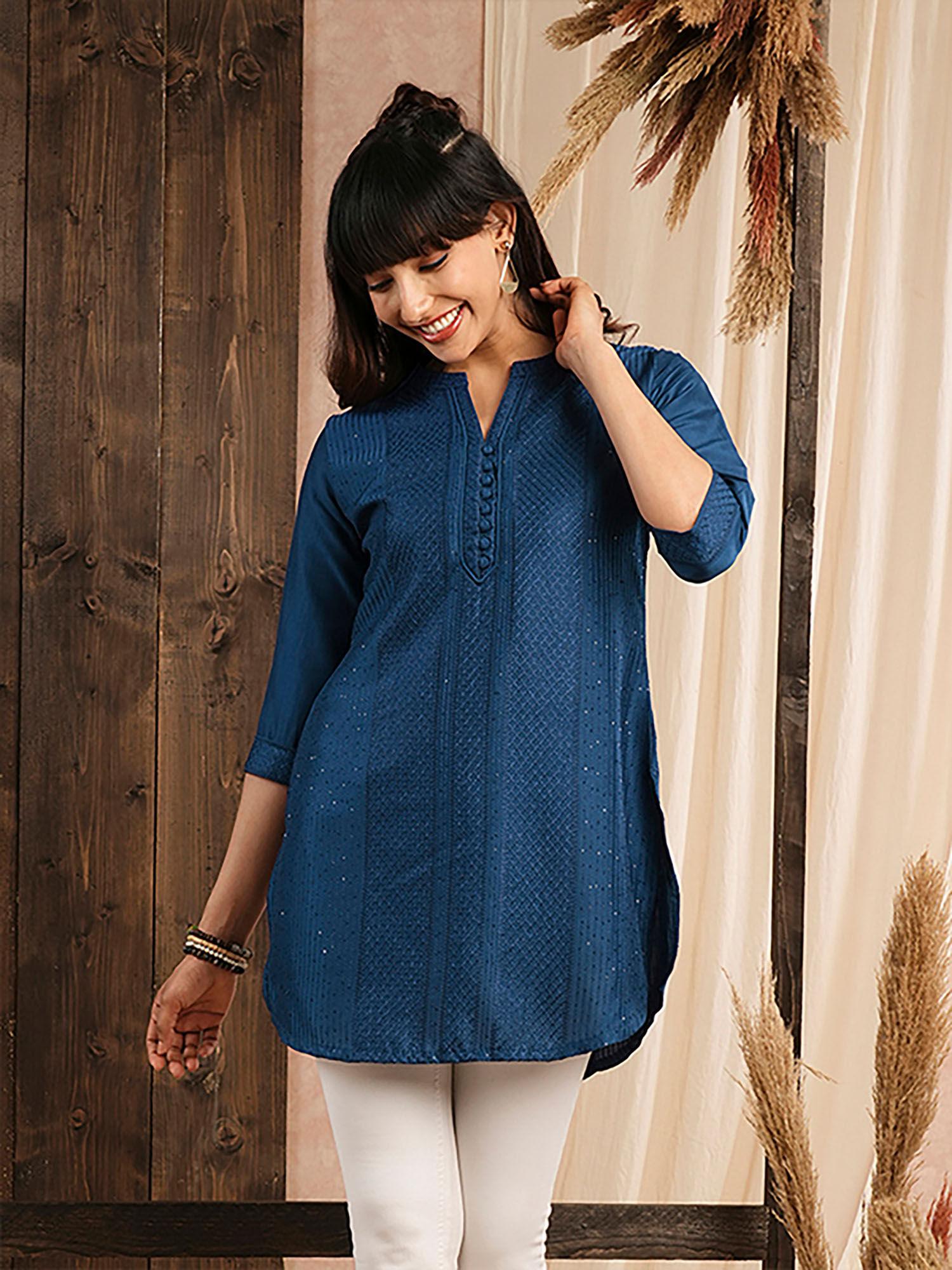 blue embroidered chanderi silk stitched short kurti for women