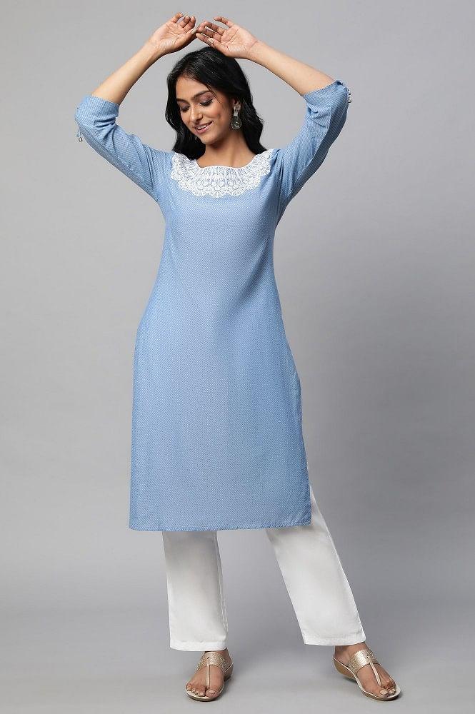 blue embroidered cotton kurta set