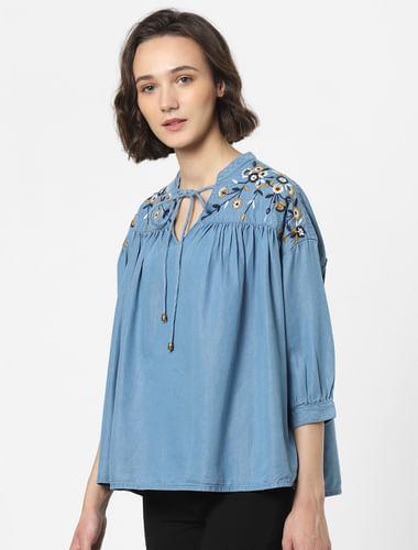 blue embroidered denim top