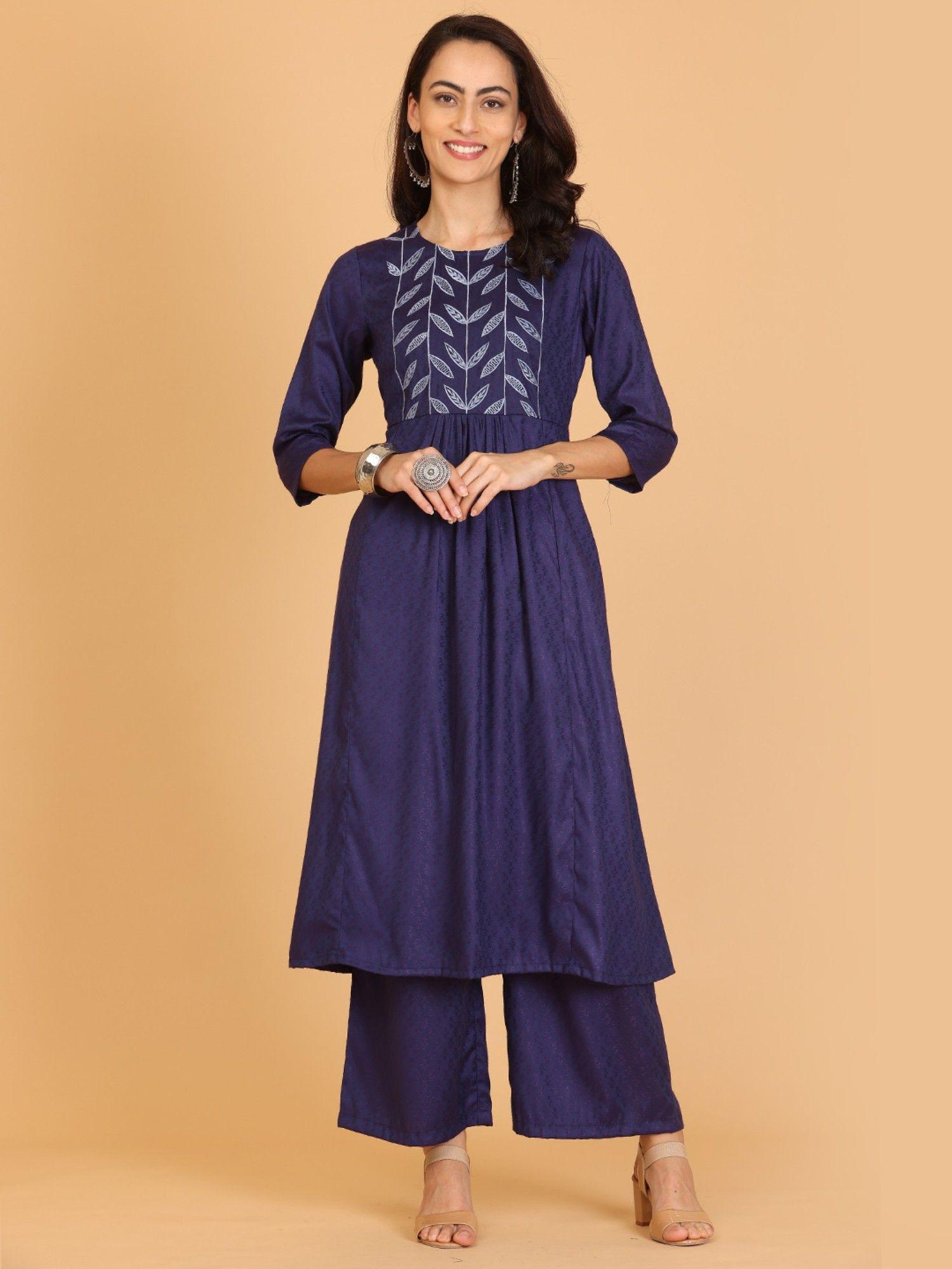 blue embroidered flayred kurta with palazzo (set of 2)