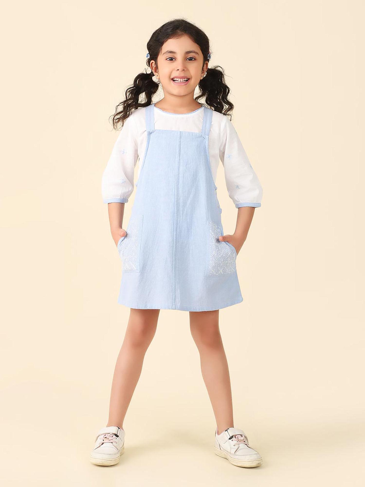 blue embroidered full sleeves girls dungaree set (set of 2)