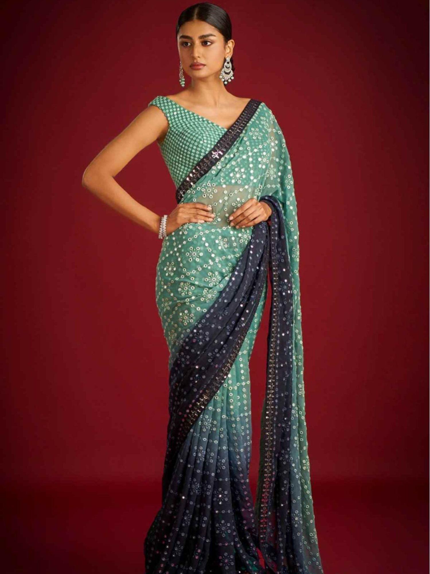 blue embroidered georgette saree with unstitched blouse