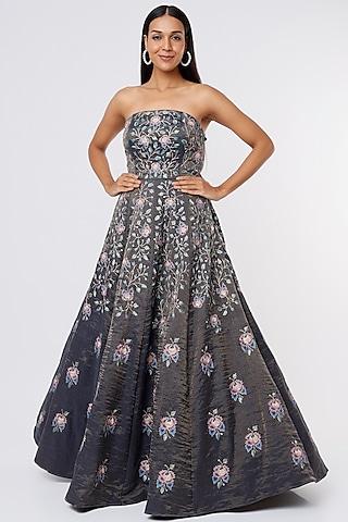 blue embroidered gown