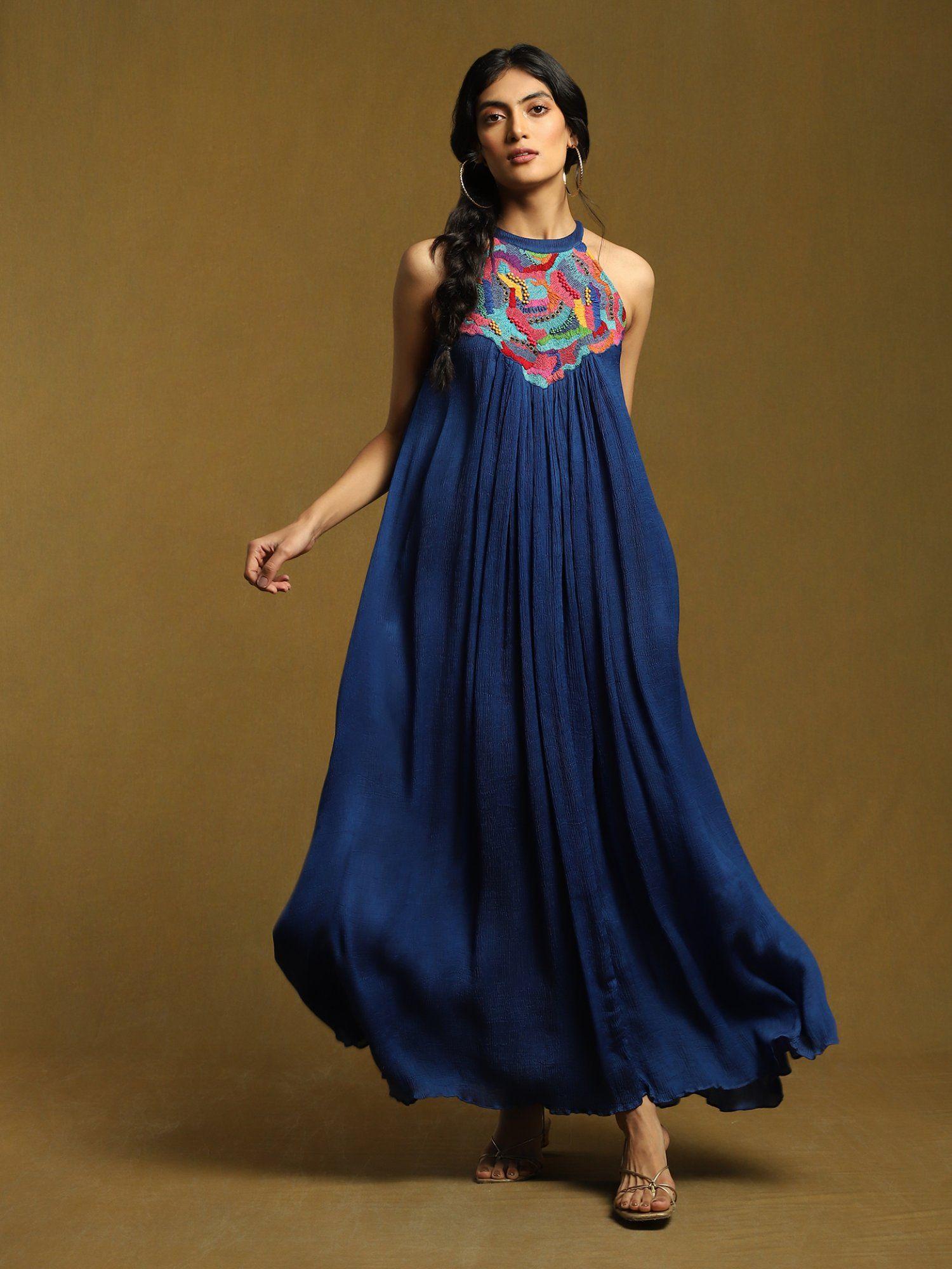 blue embroidered halter long dress