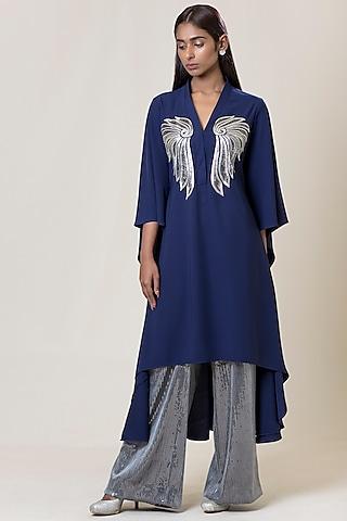 blue embroidered high-low tunic