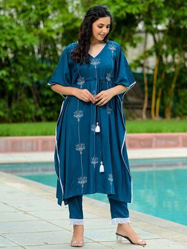 blue embroidered kaftan and palazzo (set of 2)