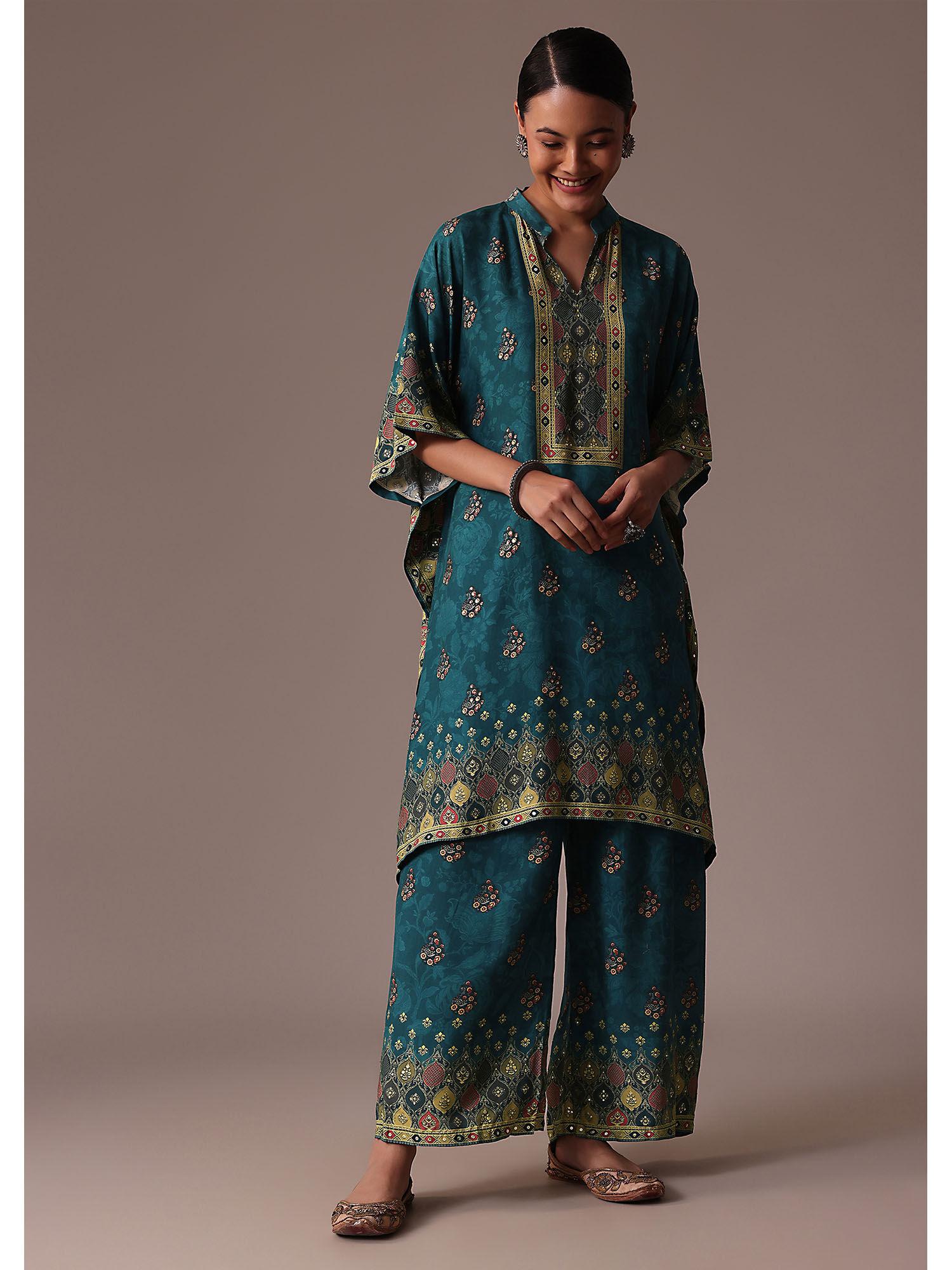 blue embroidered kaftan cotton silk co ord (set of 2)