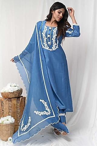 blue embroidered kurta set