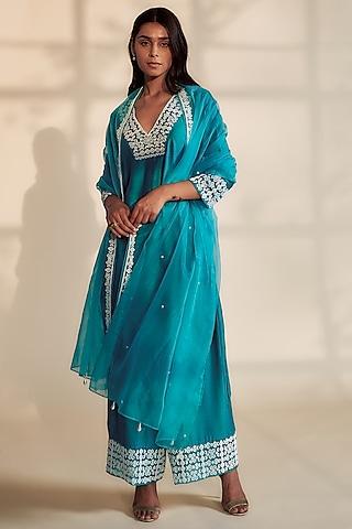 blue embroidered kurta set