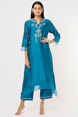 blue embroidered kurta set