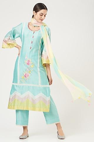 blue embroidered kurta set