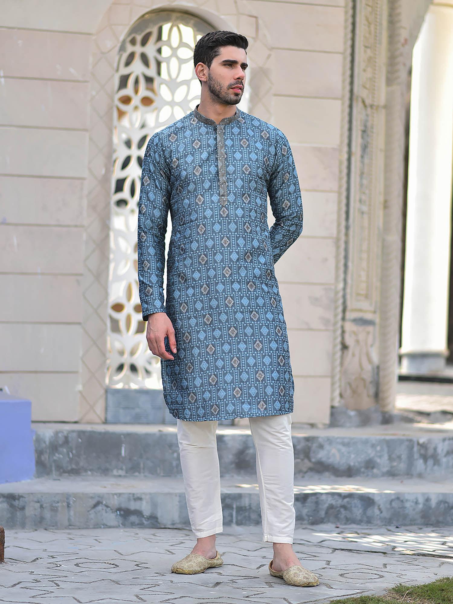 blue embroidered kurta with pyjama (set of 2)