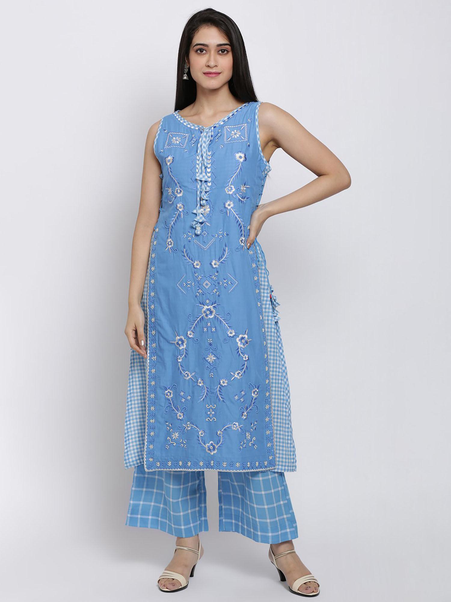 blue embroidered kurti with palazzo (set of 2)