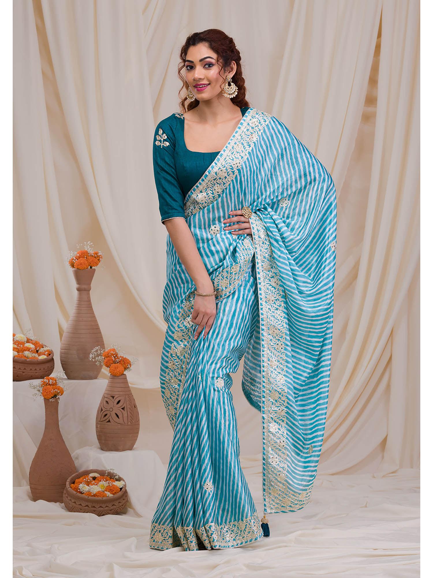 blue embroidered leheriya crepe saree with unstitched blouse