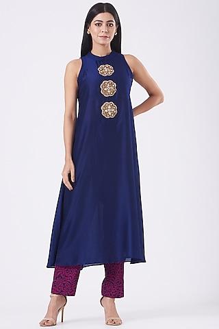 blue embroidered long kurta set