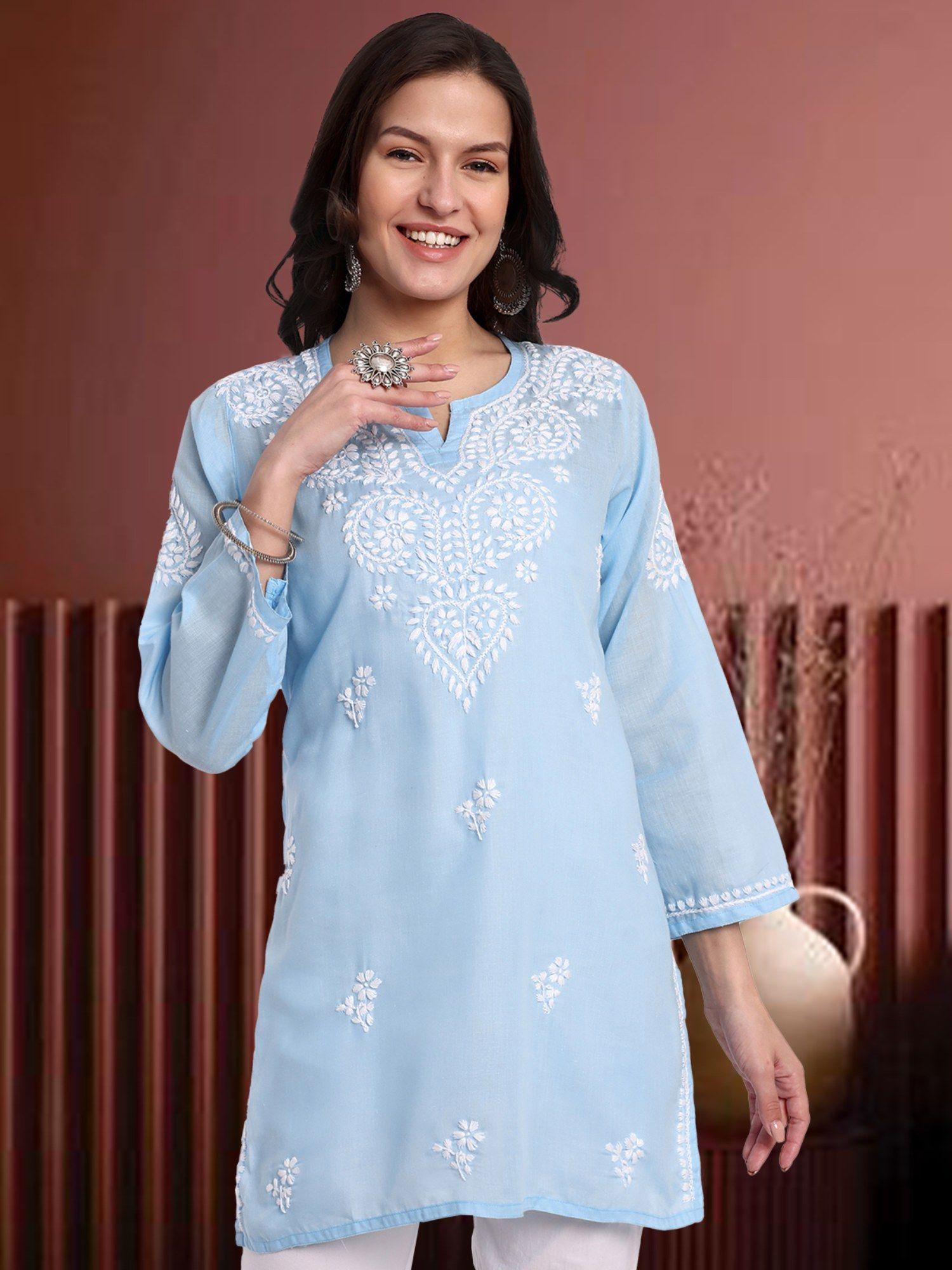 blue embroidered lucknowi chikankari ethnic motifs kurti