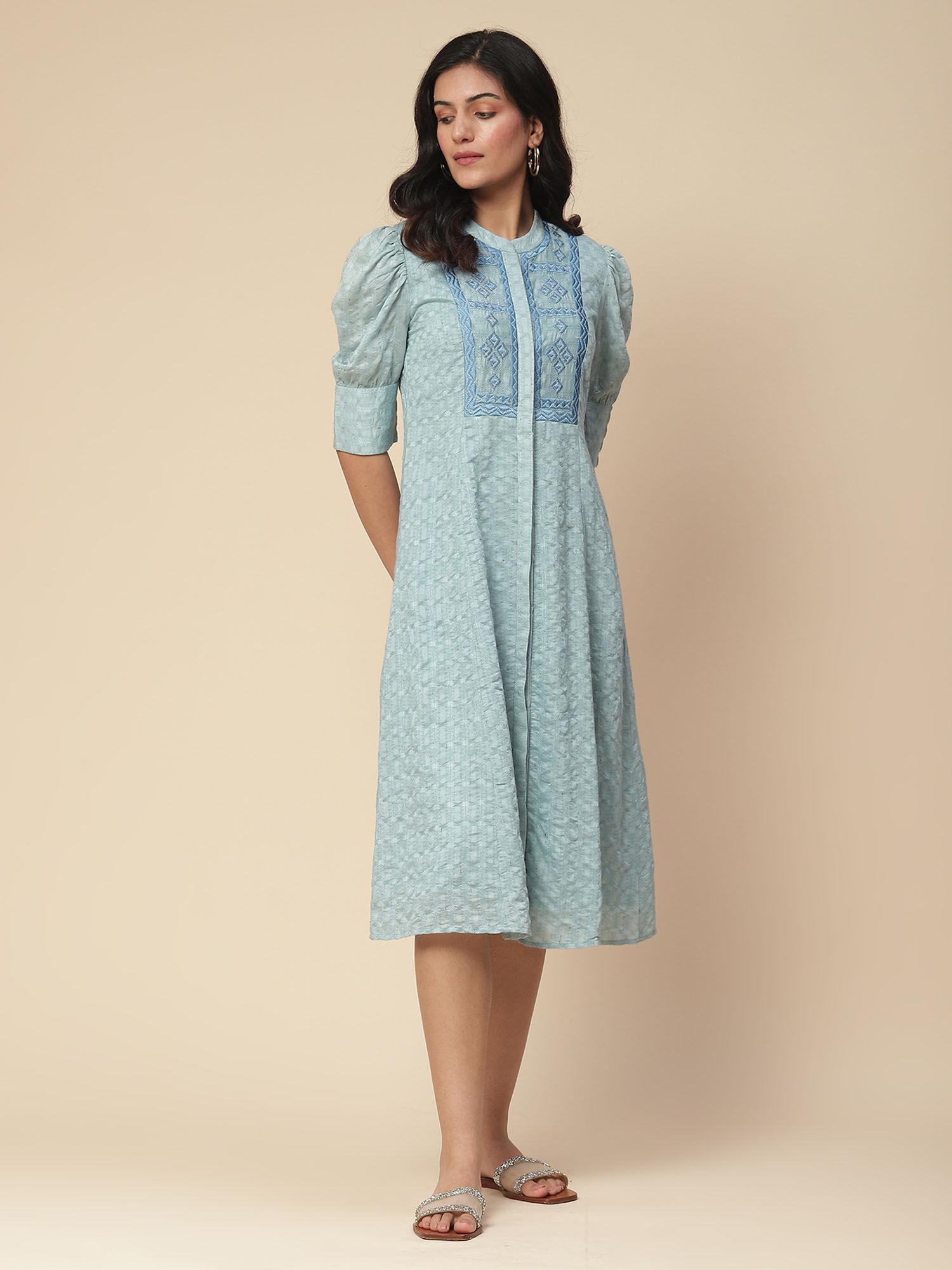 blue embroidered midi dress