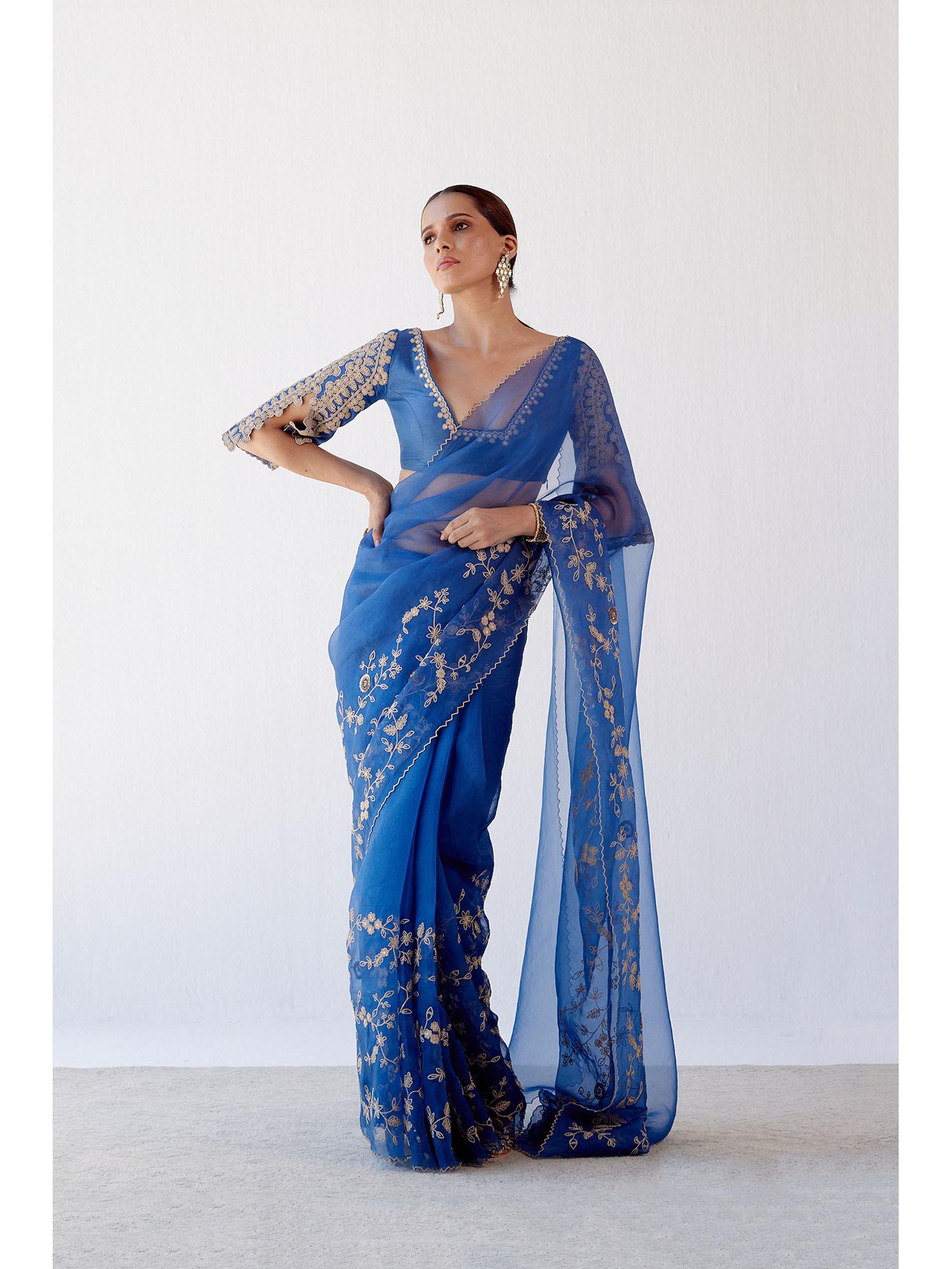 blue embroidered organza saree with stitched blouse (set of 2)