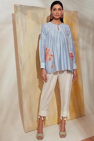 blue embroidered pleated tunic set
