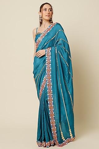 blue embroidered pre-stitched saree set