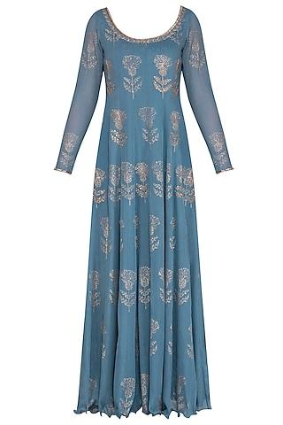 blue embroidered printed anarkali with dupatta