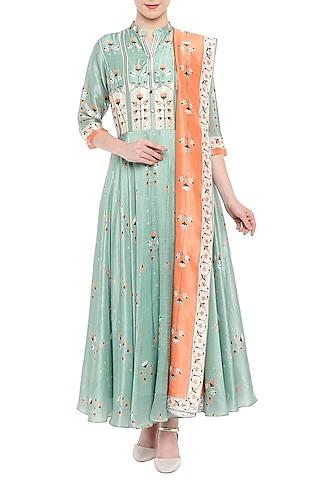 blue embroidered printed anarkali with orange dupatta