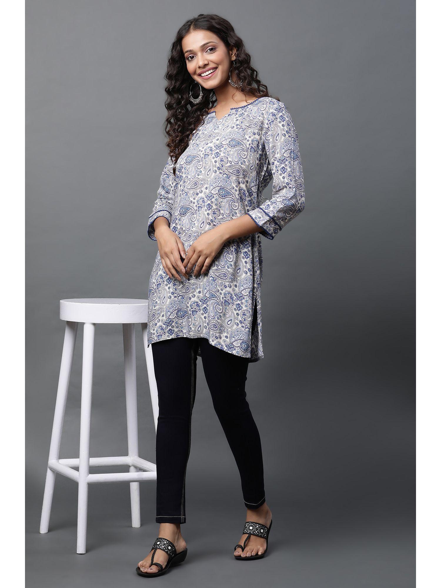 blue embroidered printed short kurti