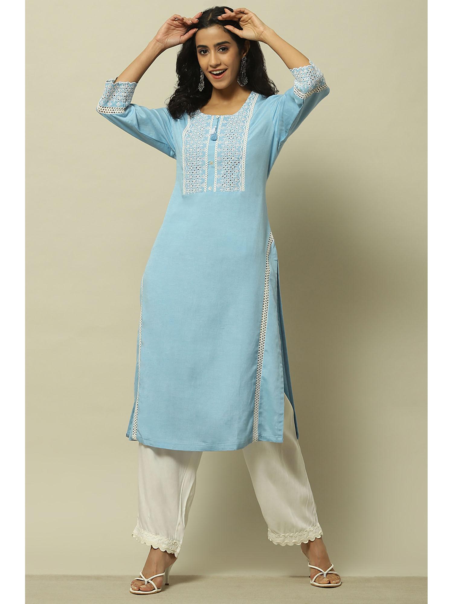 blue embroidered rayon straight kurta