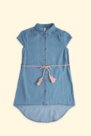 blue embroidered regular collar casual knee length short sleeves girls regular fit dress