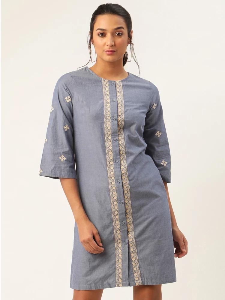 blue embroidered round neck dress