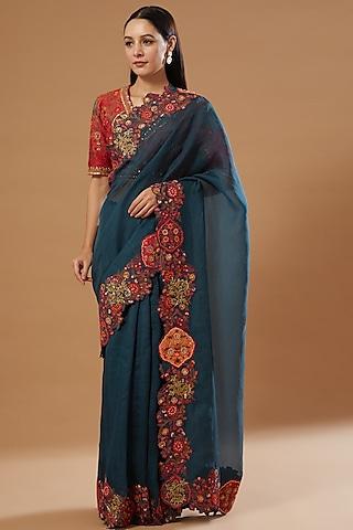 blue embroidered saree set