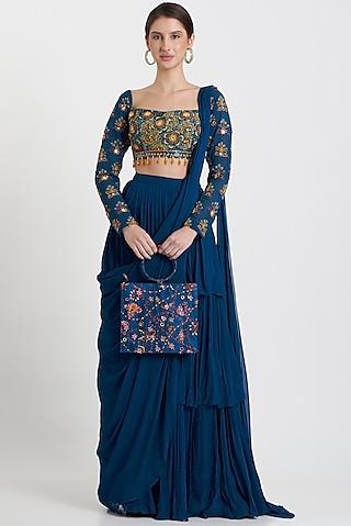 blue embroidered saree set