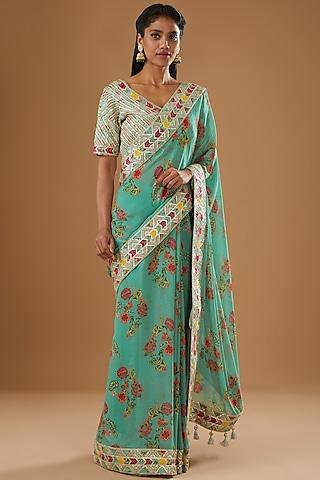 blue embroidered saree set