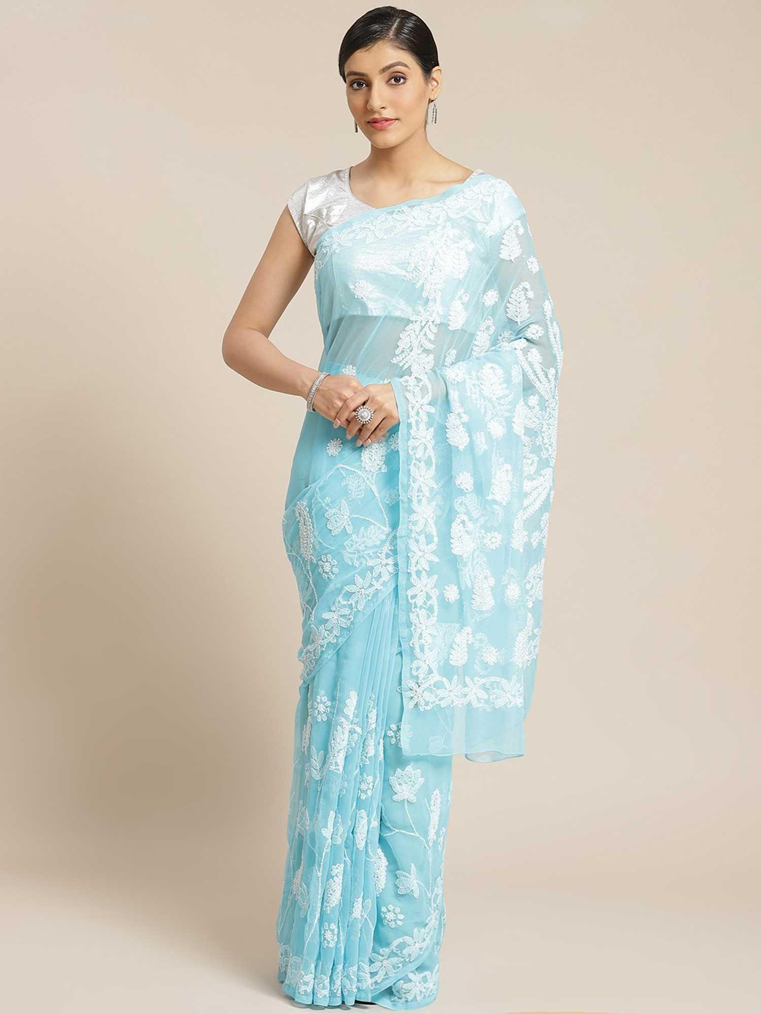 blue embroidered saree with unstitched blouse (a130075)