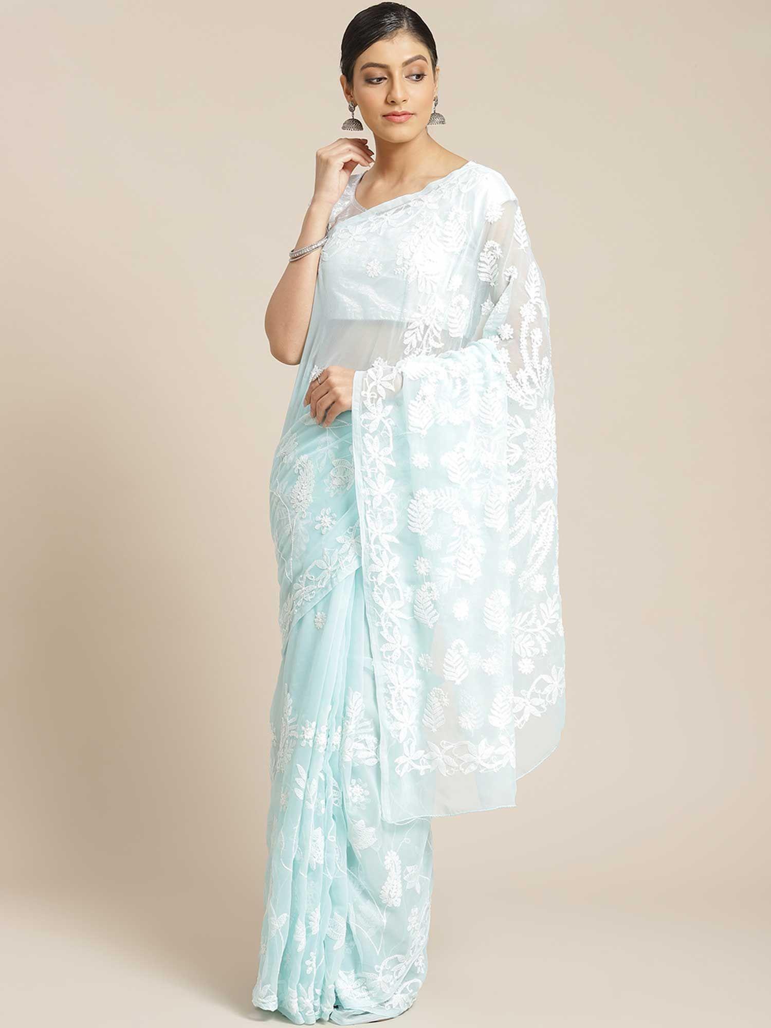 blue embroidered saree with unstitched blouse (a452097)