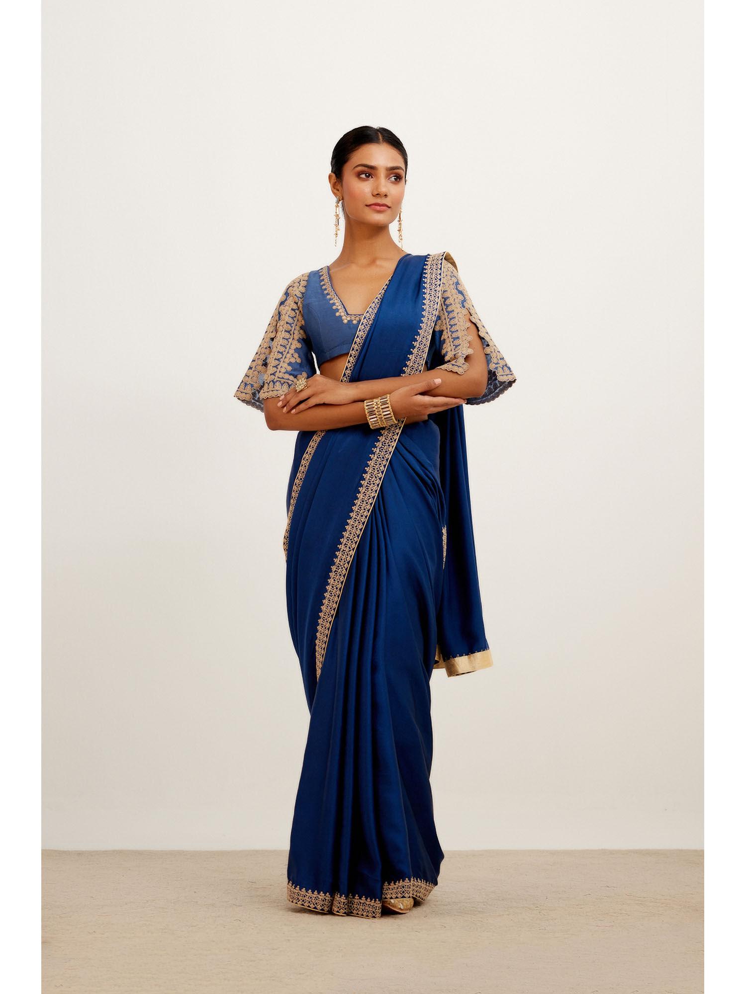 blue embroidered satin saree with stitched blouse (set of 2)