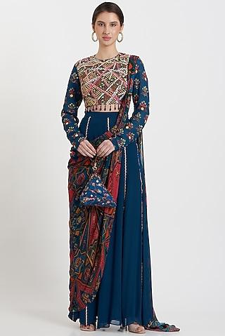 blue embroidered sharara saree set