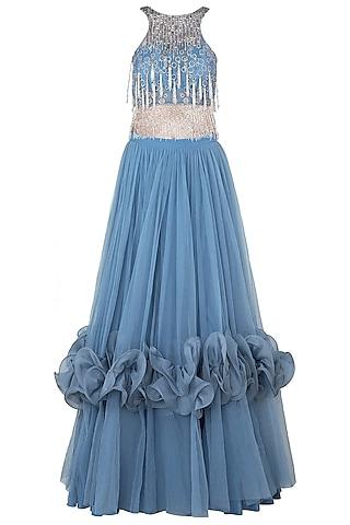 blue embroidered sheer crop top with lehenga skirt