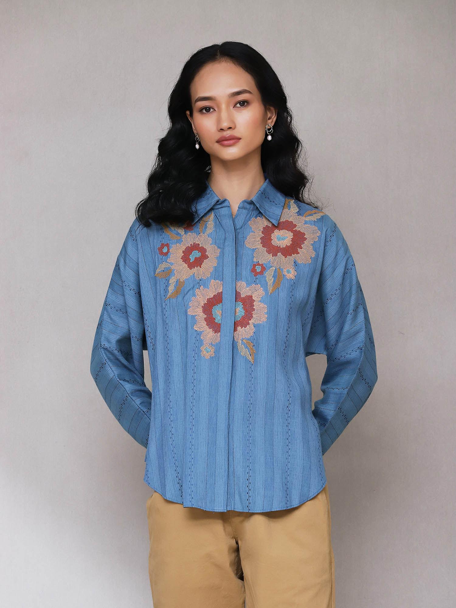 blue embroidered shirt