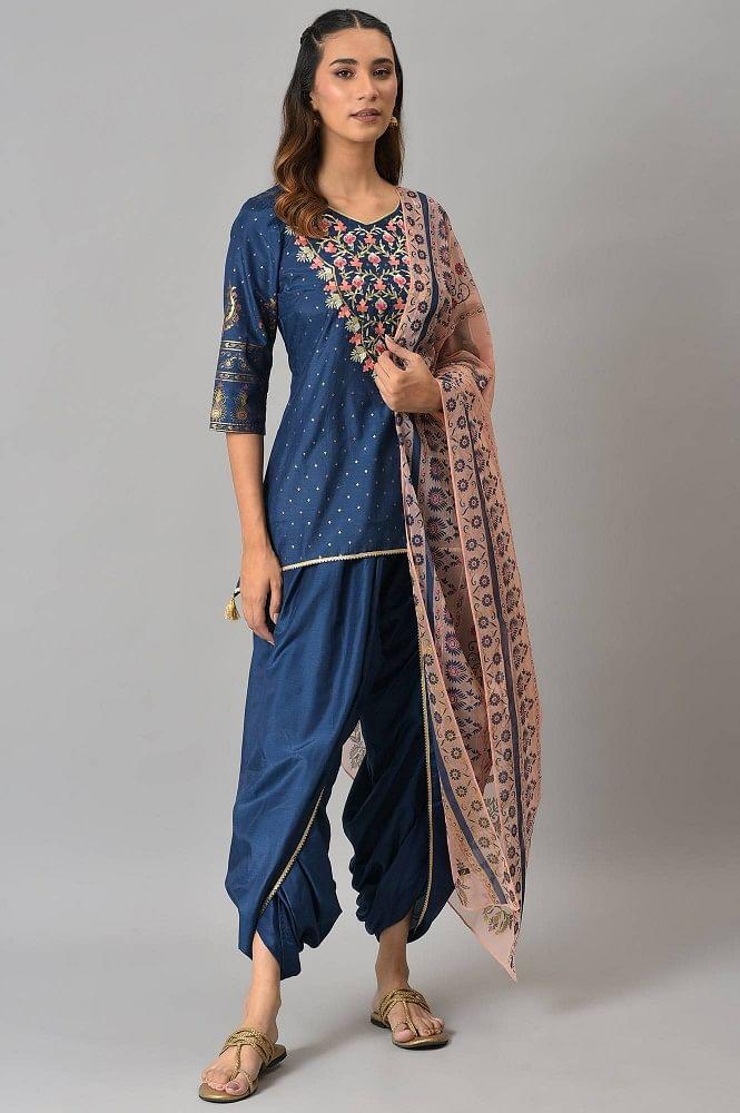 blue embroidered short kurta with dhoti pants and peach dupatta