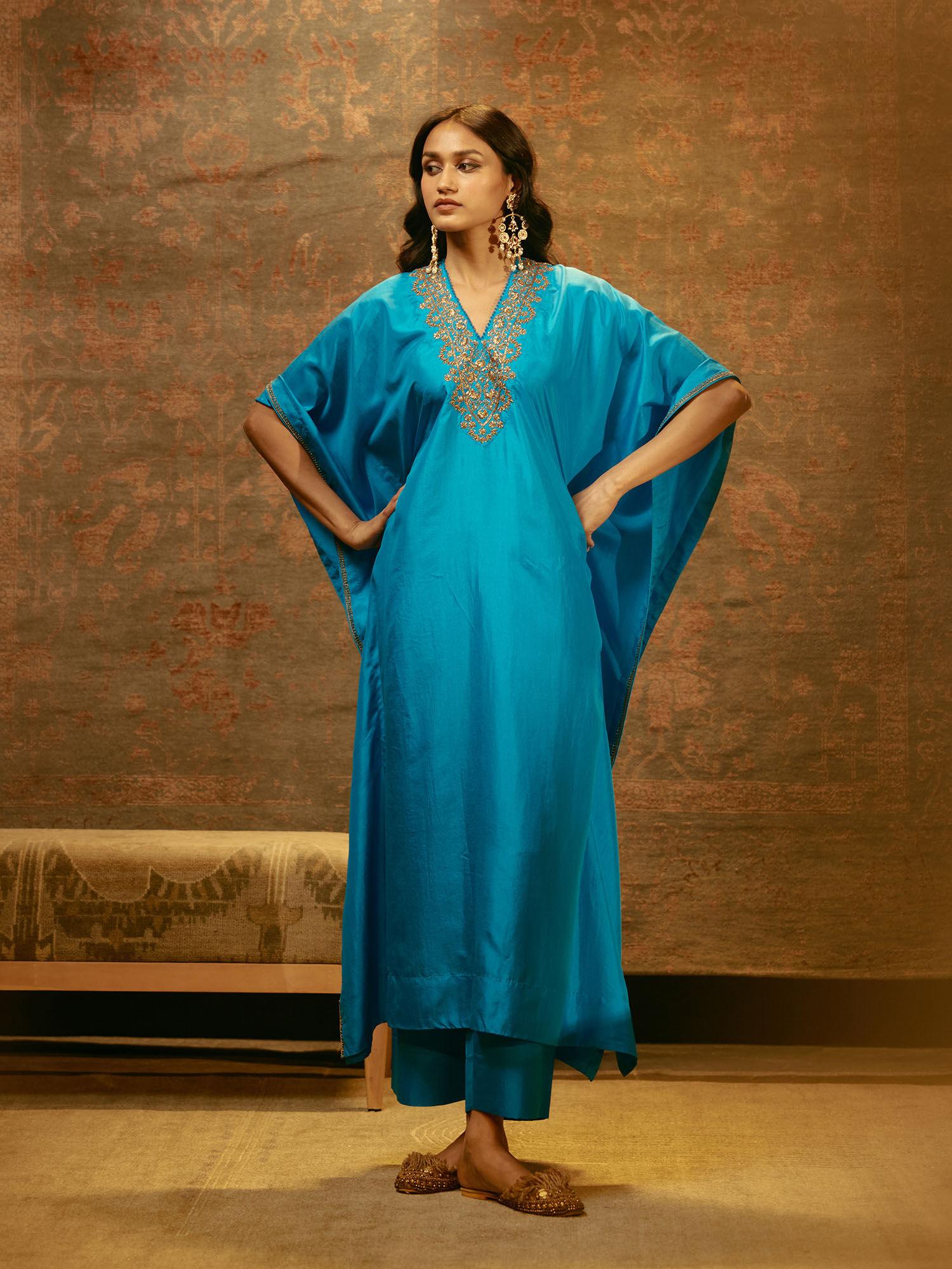 blue embroidered silk kaftan with pant (set of 2)