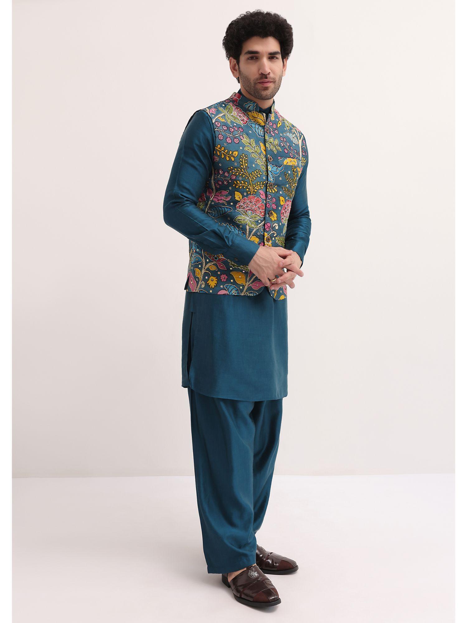 blue embroidered silk kurta and jacket with patiala salwar (set of 3)