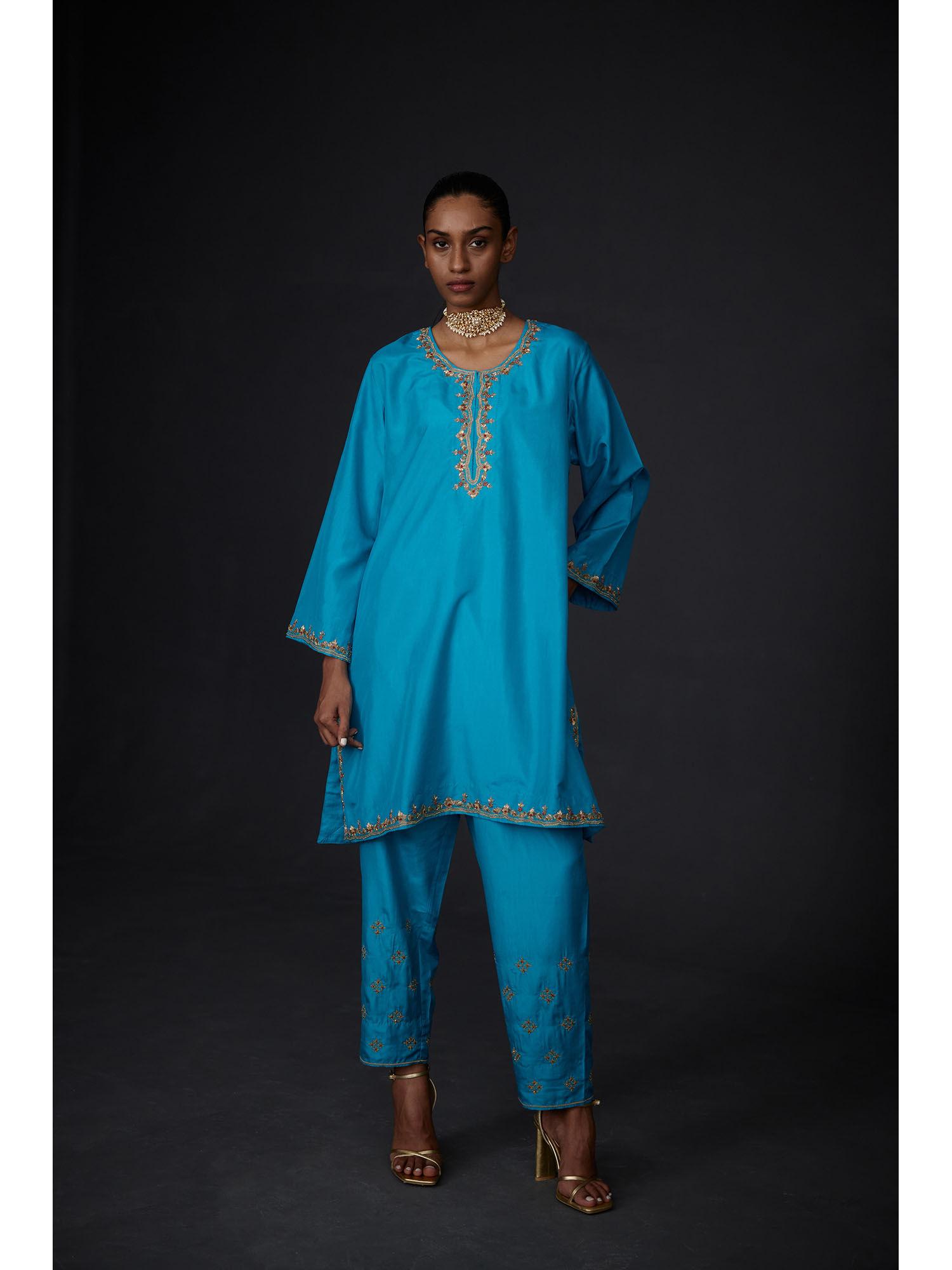 blue embroidered silk kurta with pant (set of 2)