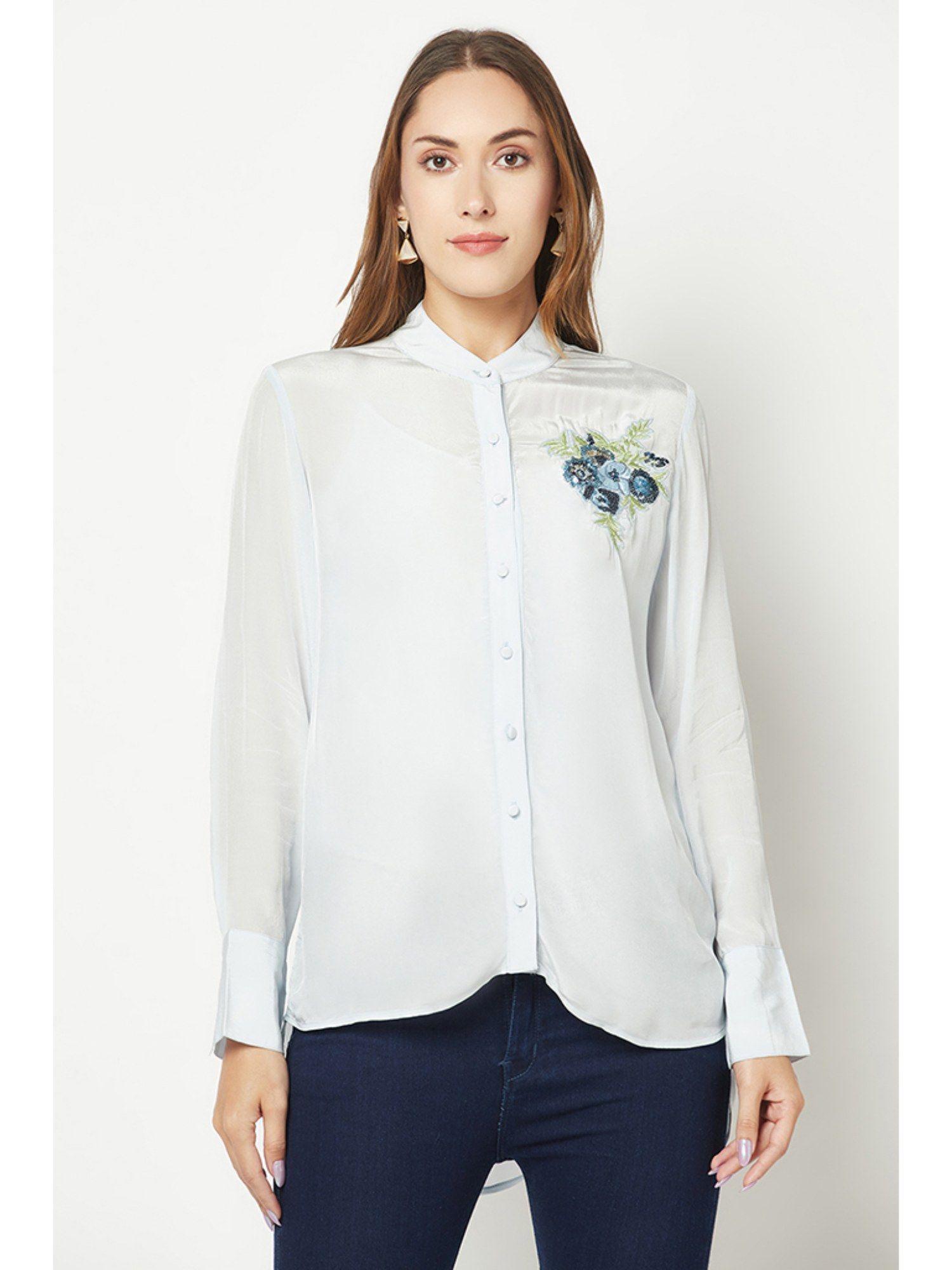 blue embroidered silk shirt