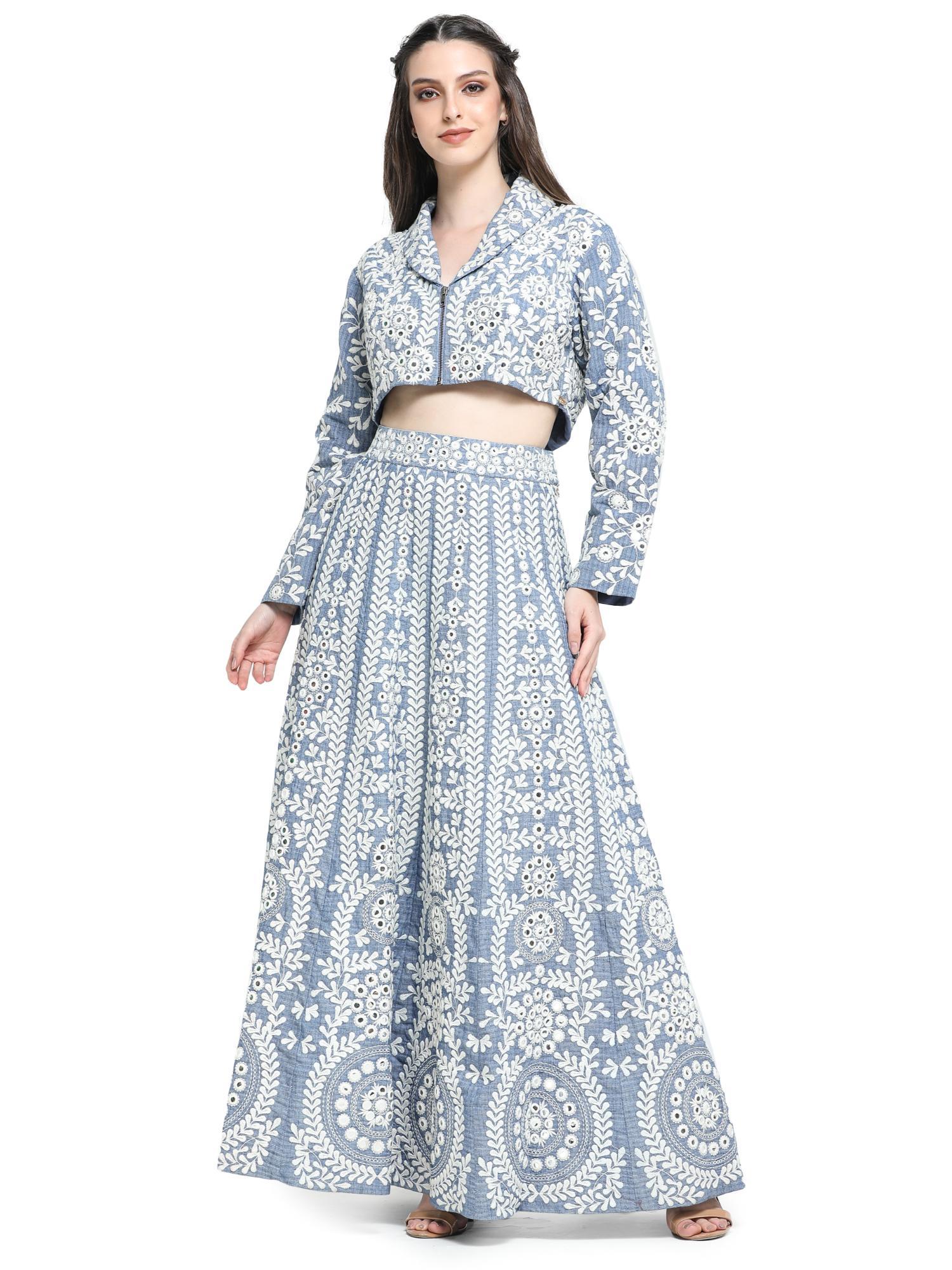 blue embroidered skirt with embroidered crop top (set of 2)