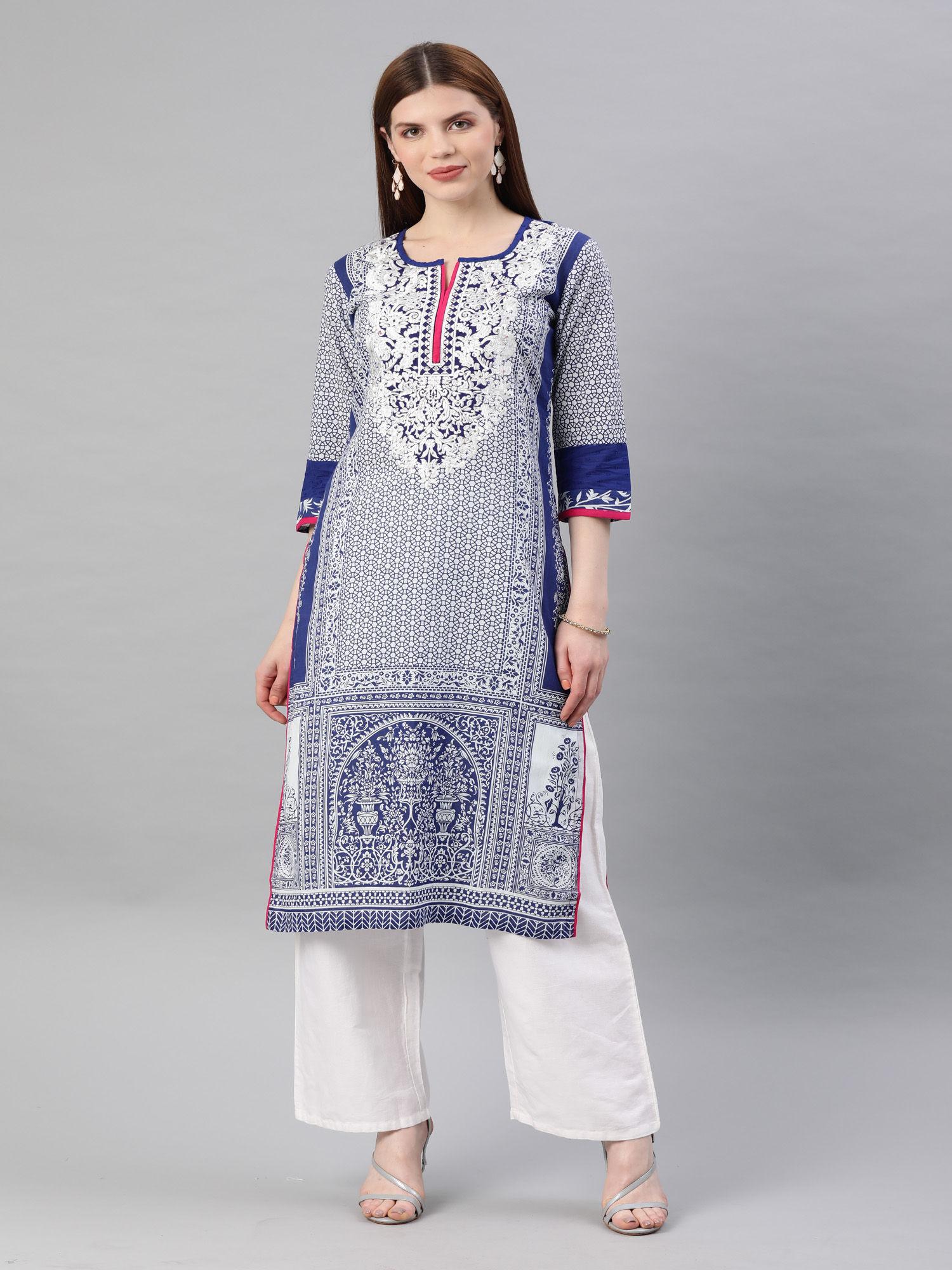 blue embroidered straight cotton kurta